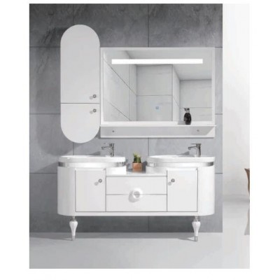 2020 New Design High Quality Modern bathroom cabinet vanity combo pvc board with led mirror two wash basins